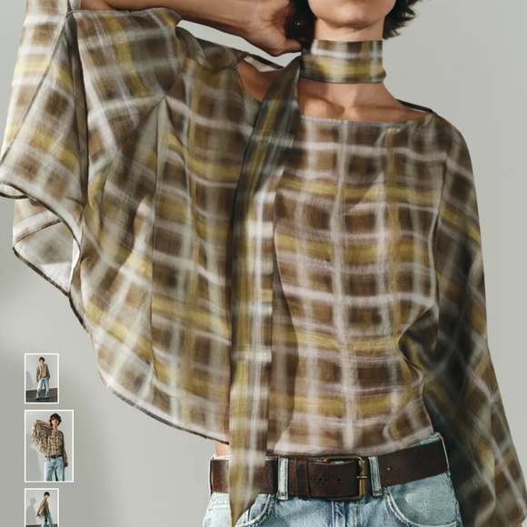 NWT ZARA PLAID SCARF CAPE SHIRT M-L - Picture 2 of 3